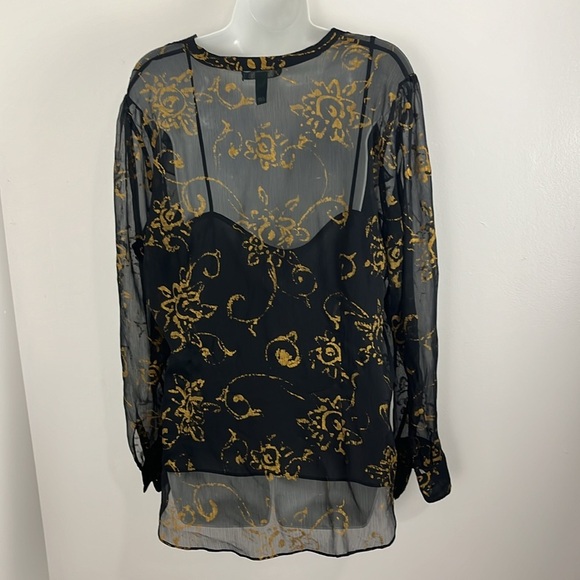 Lauren Ralph Lauren Black Sheer Ruffled Black and Gold Blouse - Picture 5 of 14